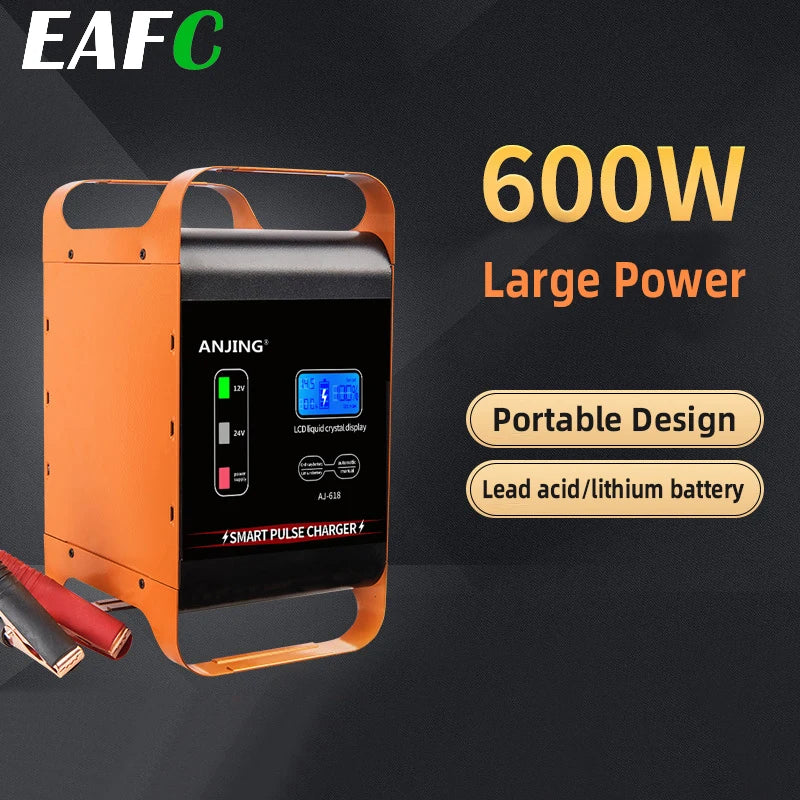 12V- 24V Car Charger High Power 600W 400W SUV Truck Fast Charging Battery Charger LCD Display Car Lead Acid Battery Charger
