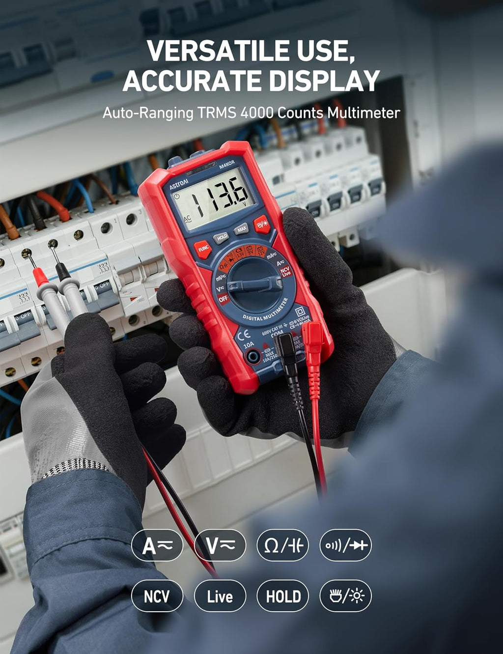 Multimeter Tester, TRMS 4000 Counts Volt Meter Auto-Ranging Ohmmeter Digital 1.5V/9V/12V Battery Voltage Tester Measure Voltage Current Resistance Diodes Continuity Capacitance with NCV