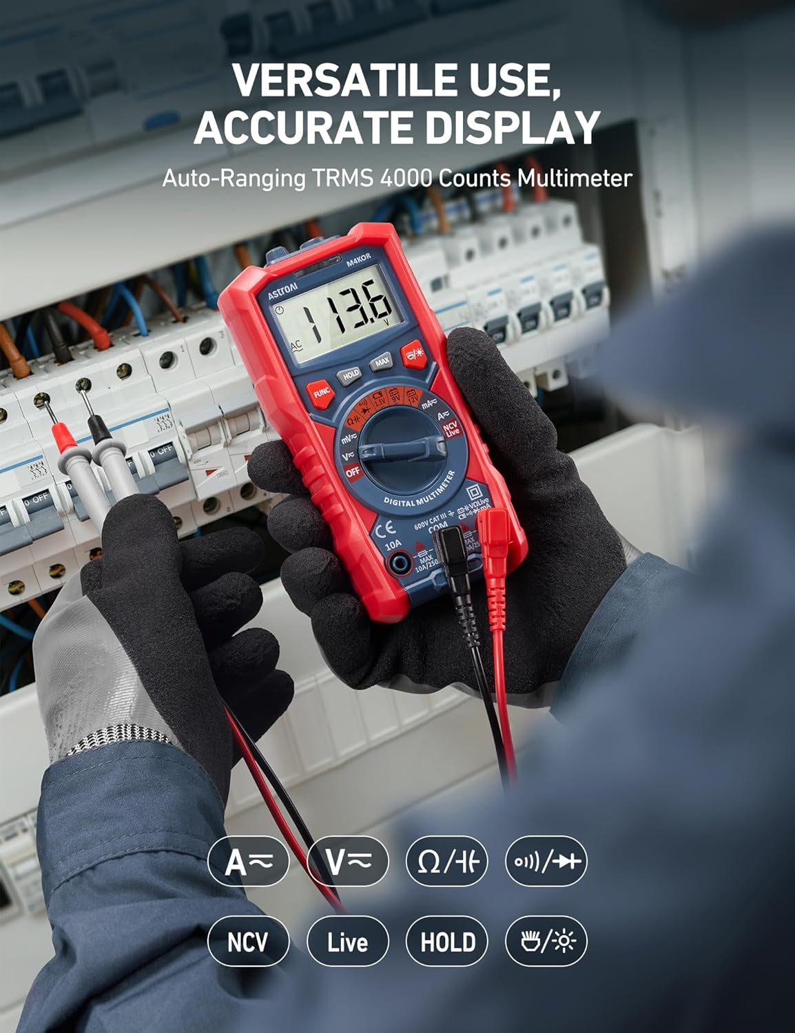 Multimeter Tester, TRMS 4000 Counts Volt Meter Auto-Ranging Ohmmeter Digital 1.5V/9V/12V Battery Voltage Tester Measure Voltage Current Resistance Diodes Continuity Capacitance with NCV