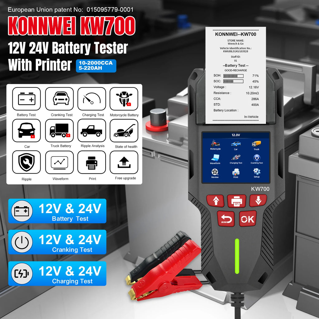 KW700 Car & Truck Battery Tester with Print Function 12V 24V Battery Analyzer Cranking Test Charging Test 10-2000CCA
