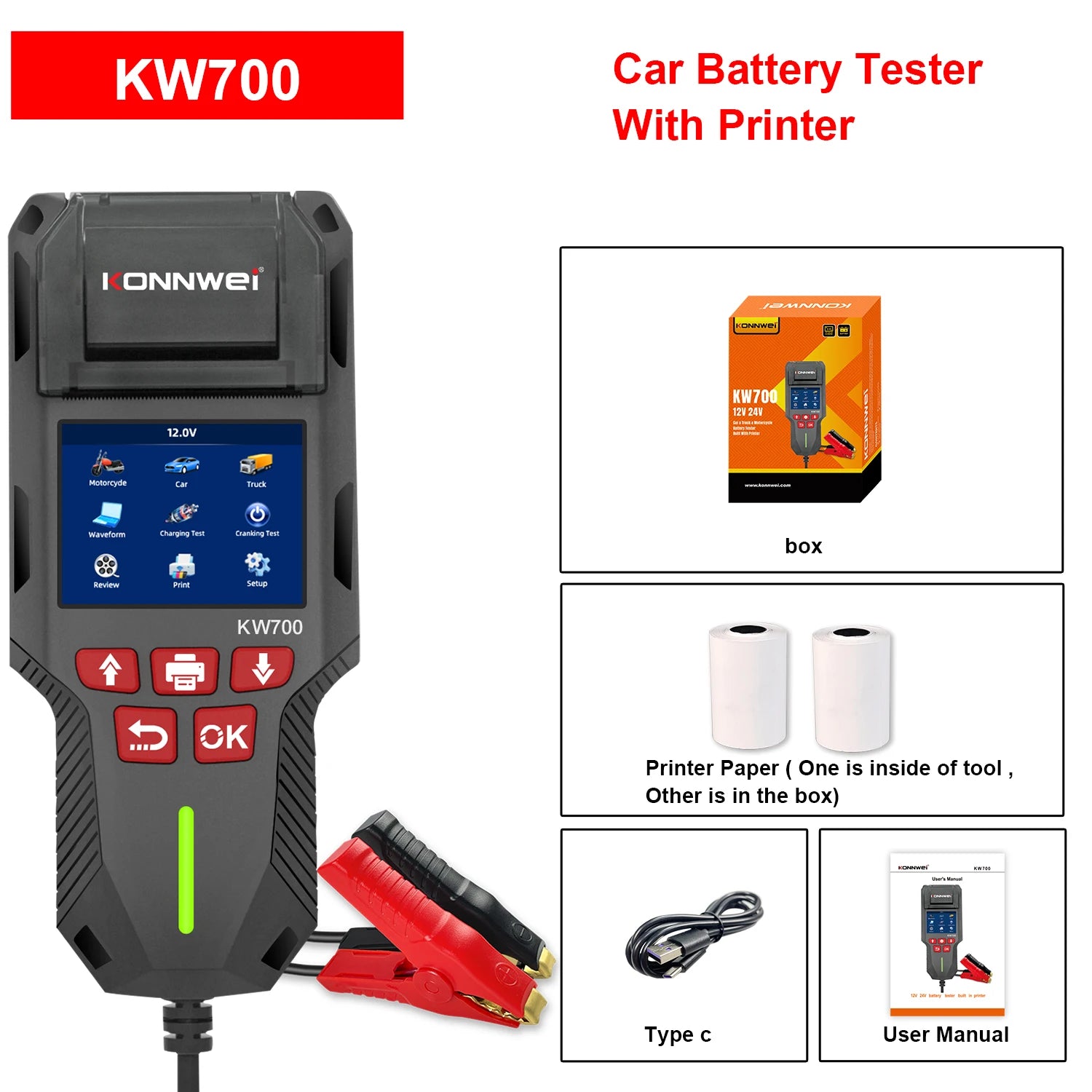 KW700 Car & Truck Battery Tester with Print Function 12V 24V Battery Analyzer Cranking Test Charging Test 10-2000CCA