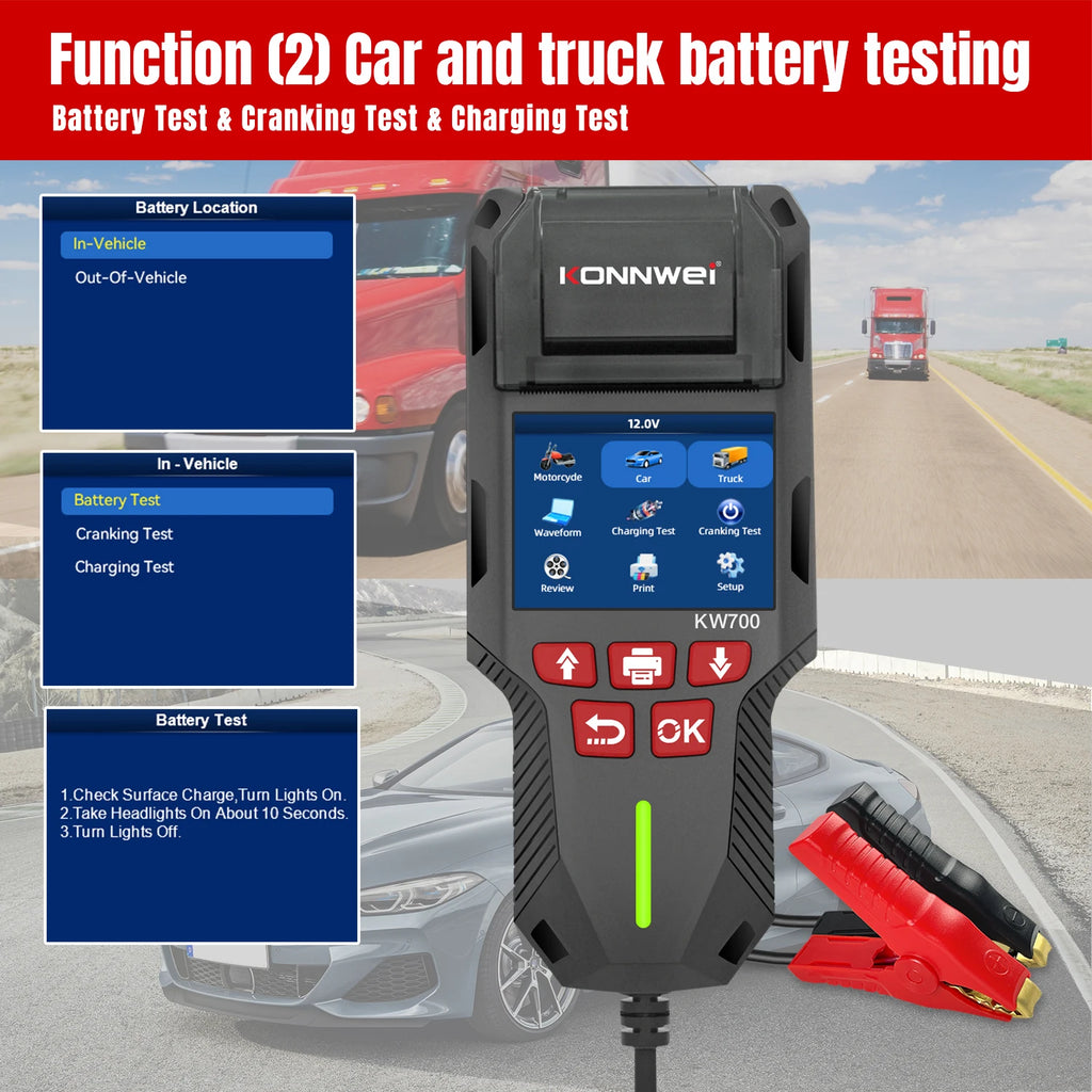 KW700 Car & Truck Battery Tester with Print Function 12V 24V Battery Analyzer Cranking Test Charging Test 10-2000CCA