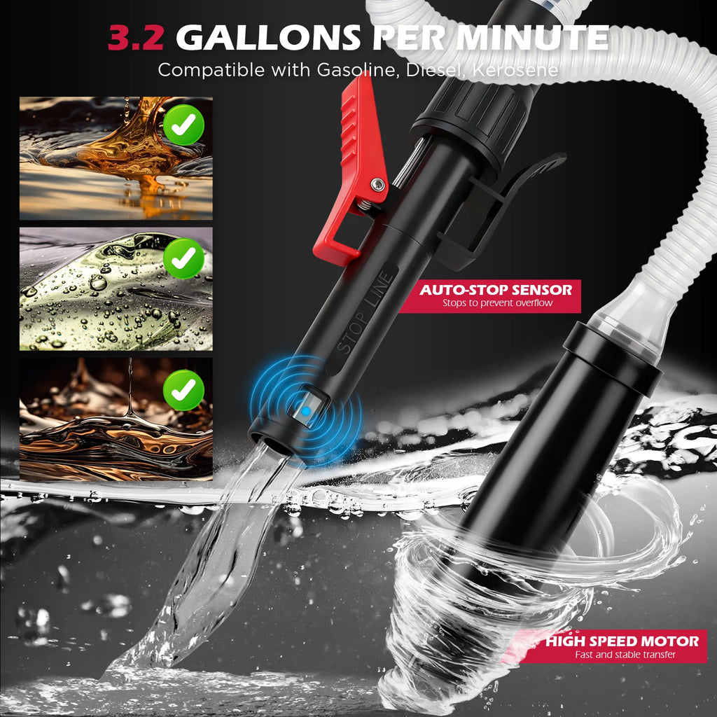 SEDY Automatic Fuel Transfer Pump with Auto-Stop Sensor(3.2 GPM), Battery Operated Gas Can Pump with 3 Can Adapters
