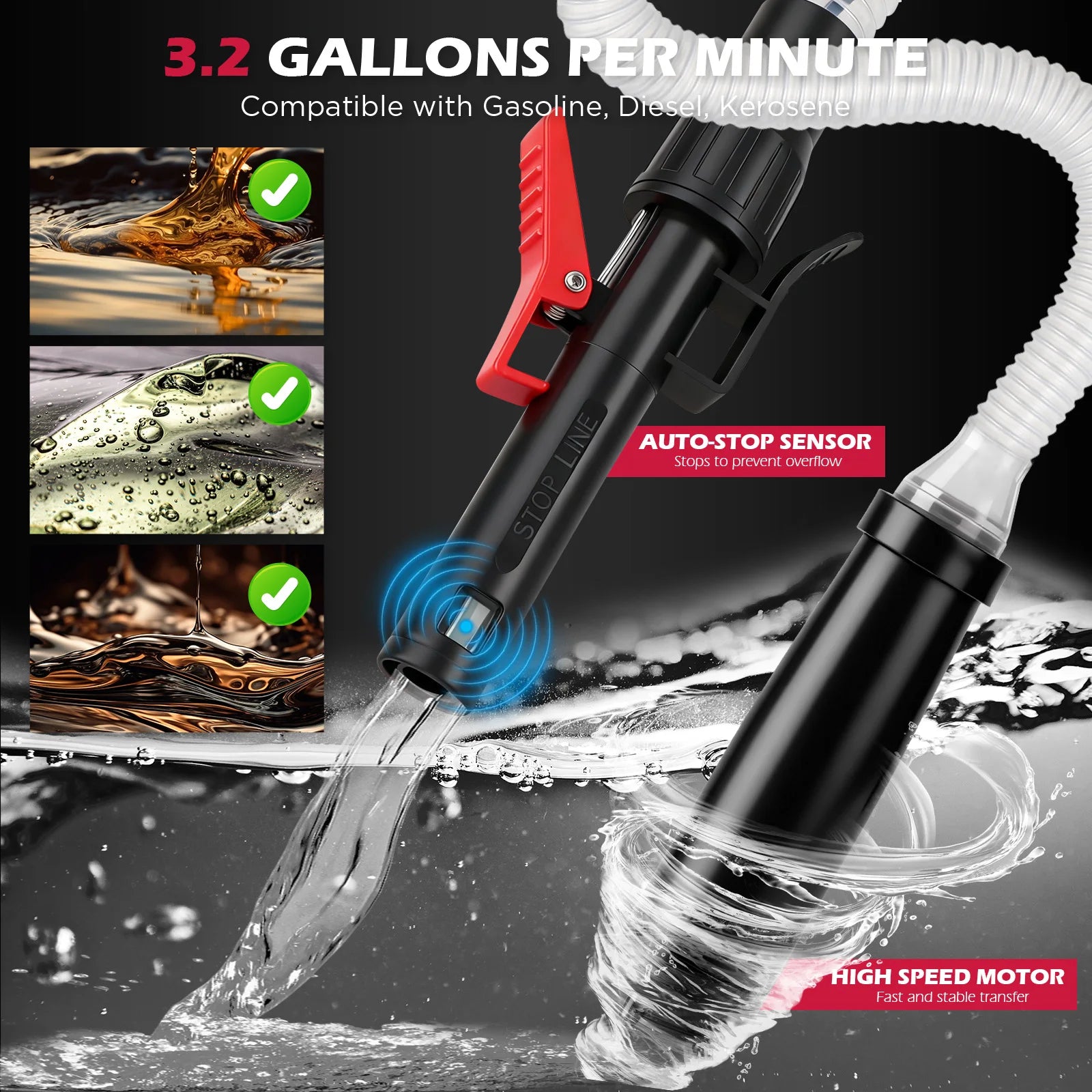 SEDY Automatic Fuel Transfer Pump with Auto-Stop Sensor(3.2 GPM), Battery Operated Gas Can Pump with 3 Can Adapters
