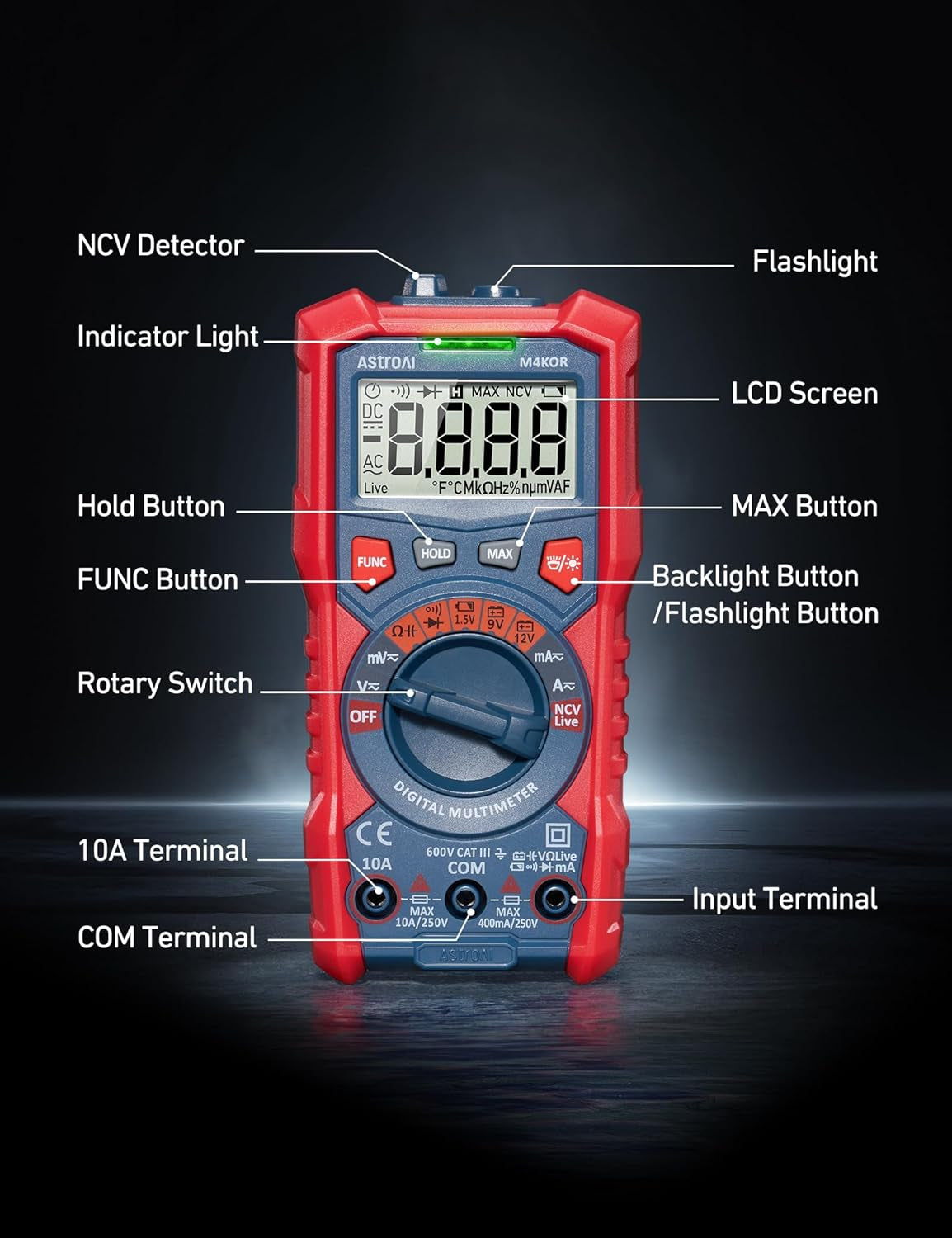 Multimeter Tester, TRMS 4000 Counts Volt Meter Auto-Ranging Ohmmeter Digital 1.5V/9V/12V Battery Voltage Tester Measure Voltage Current Resistance Diodes Continuity Capacitance with NCV