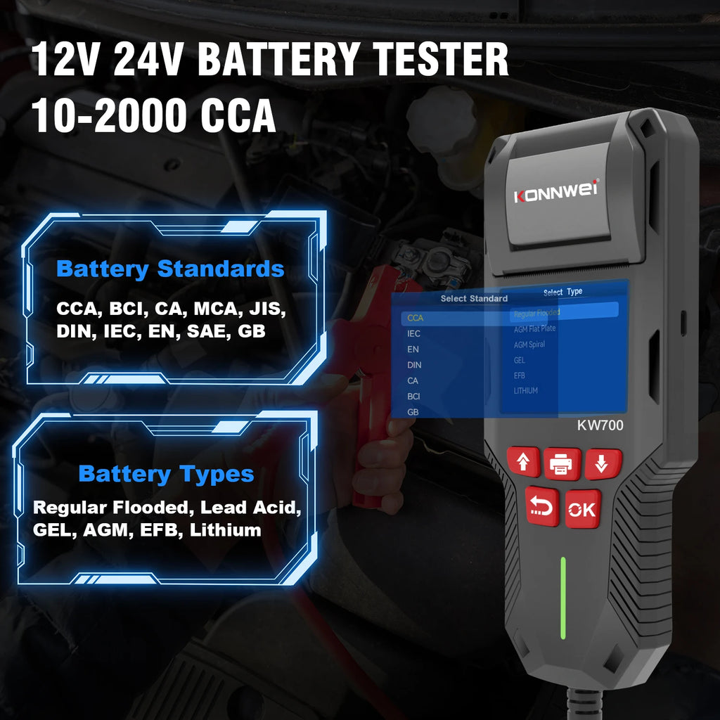 KW700 Car & Truck Battery Tester with Print Function 12V 24V Battery Analyzer Cranking Test Charging Test 10-2000CCA