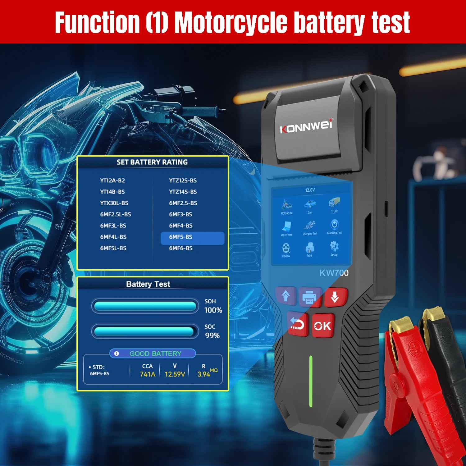 KW700 Car & Truck Battery Tester with Print Function 12V 24V Battery Analyzer Cranking Test Charging Test 10-2000CCA