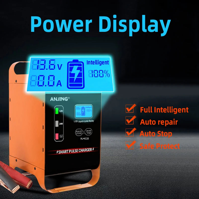 12V- 24V Car Charger High Power 600W 400W SUV Truck Fast Charging Battery Charger LCD Display Car Lead Acid Battery Charger