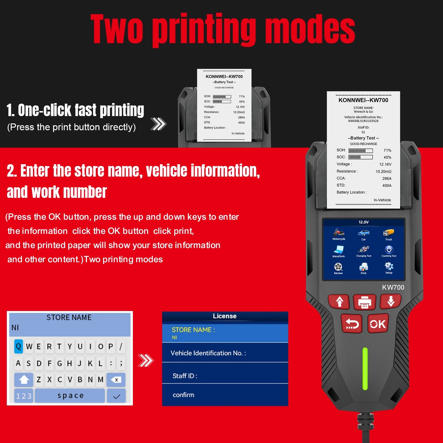 KW700 Car & Truck Battery Tester with Print Function 12V 24V Battery Analyzer Cranking Test Charging Test 10-2000CCA